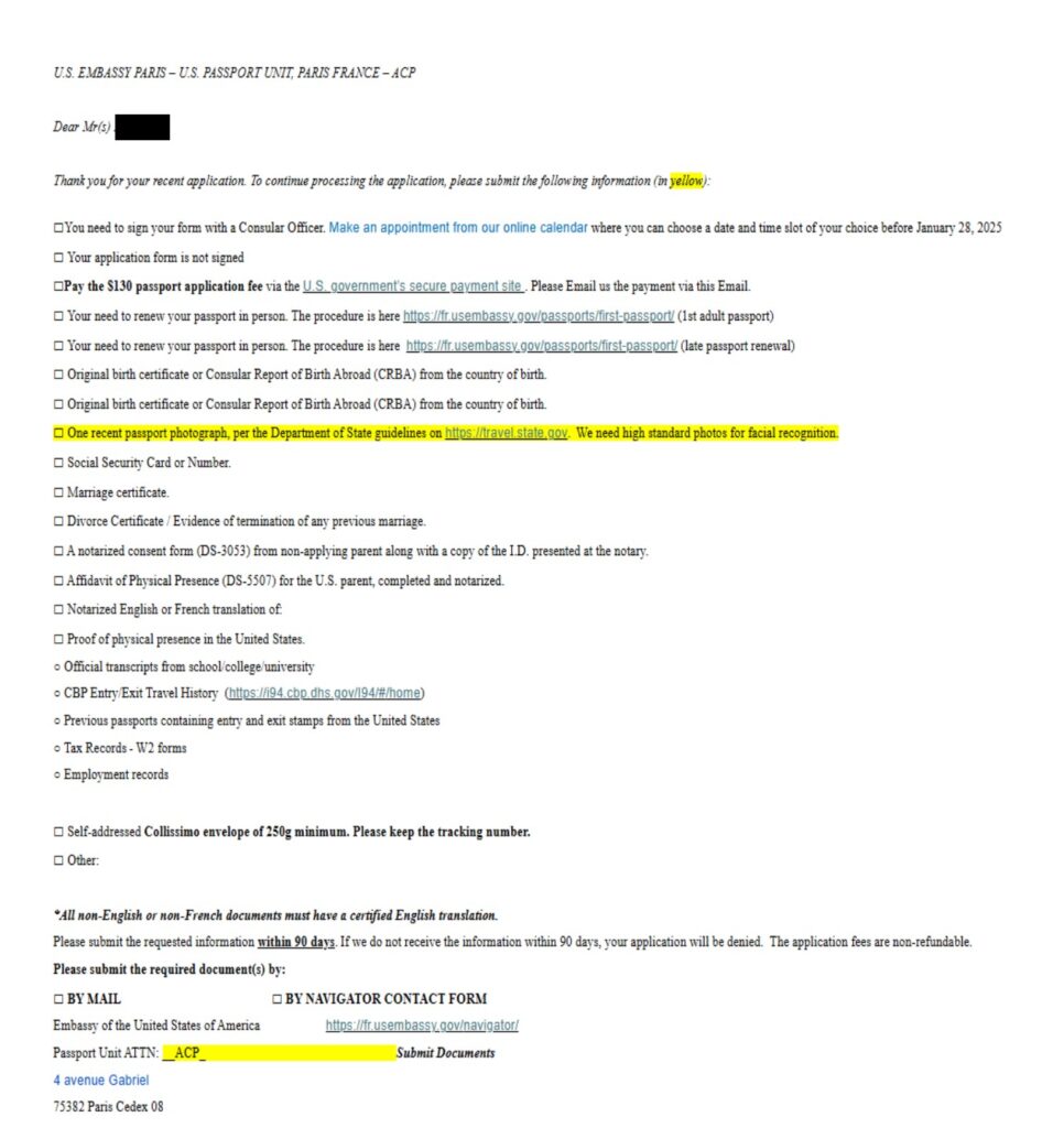 US Embassy incomplete application notification