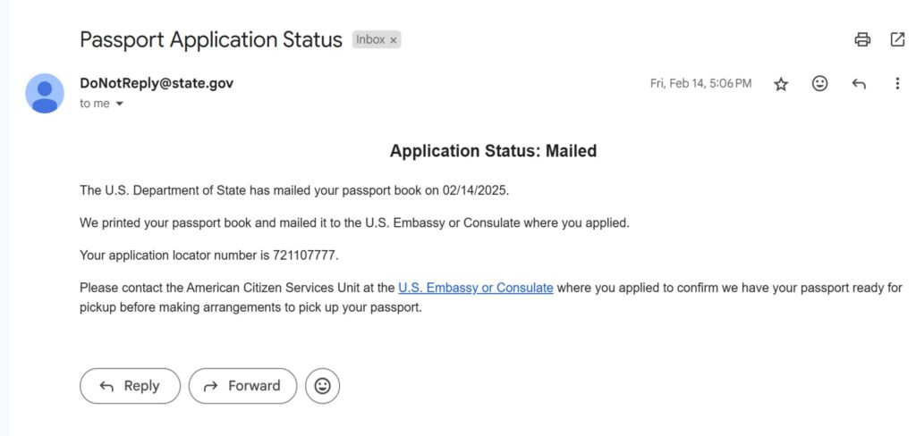 US passport application status e-mail